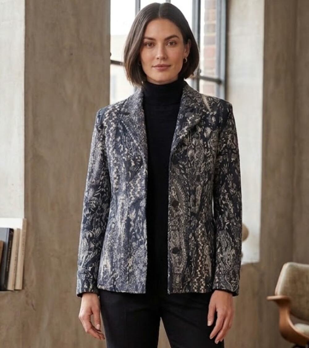 LAURA ASHLEY Paisley Wool Navy Blue Blazer Jacket size Petite Large